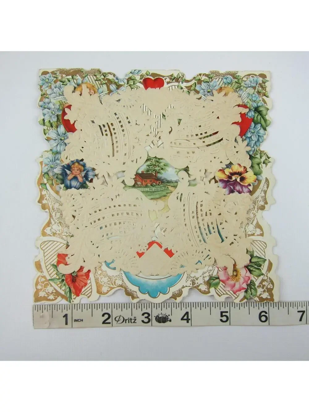 Antique Valentine Die cut Farm House Trees Flowers Cupid Boy Girl Canoe Embossed